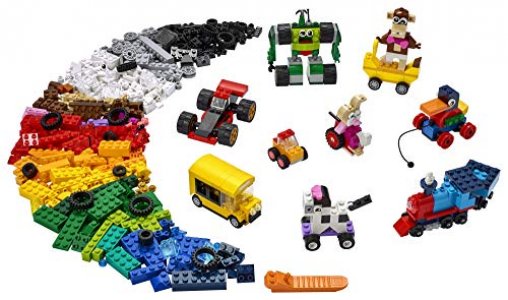 LEGO Classic Bricks and Wheels 11014 Building Kit; Includes a Toy car, Train, Bus, Robot, Skateboarding Zebra, Race car, New 2021 (653 Pieces)
