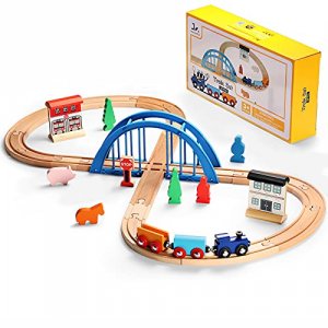 SainSmart Jr. Wooden Train Set with Log Cabin, Toddler Building