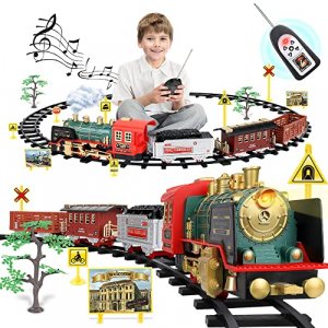 Christmas Electric Train Set with Steam, Sound & Light, Remote Control Train Toys w/ Steam Locomotive Engine, Cargo Cars & Tracks, Toy Train w/ Recha