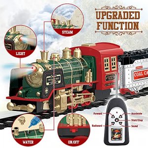 Christmas Electric Train Set with Steam, Sound & Light, Remote Control Train Toys w/ Steam Locomotive Engine, Cargo Cars & Tracks, Toy Train w/ Recha