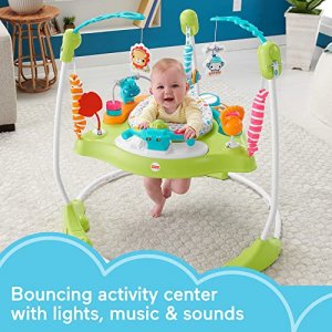 Fisher-Price Fitness Fun Folding Jumperoo Gym-Themed Infant Activity Center with Adjustable Bouncing Seat, Lights, Music and Interactive Toys