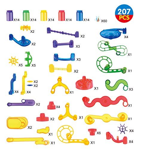 JOYIN 207pcs Marble Run Premium Toy Set Construction Building Blocks Toys Stem Educational Building Block Toy(147 Plastic Pieces + 60 Glass Marbles)