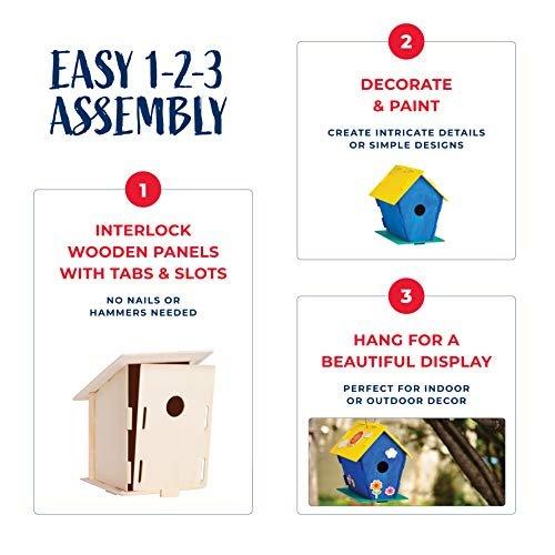 12 Wooden Birdhouses - Crafts for Girls and Boys - Kids Bulk Arts and Crafts Set - 12 DIY Unfinished Wood Bird House Kits, 12 Paint Strips, 12