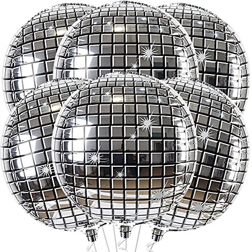 6 PCS Disco Ball Balloons Silver Disco Mylar Foil Balloons 22 Inch