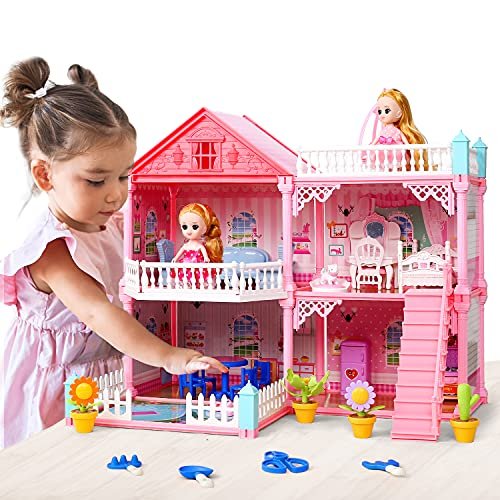 Cute Stone Dollhouse With 2 Dolls Flashing Lights Furniture