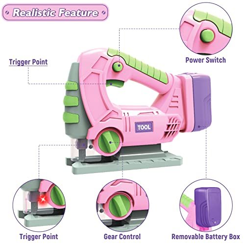 Kids Tool Set with Electric Toy Drill Chainsaw Jigsaw Toy Tools for Girl,  Realistic Kids Power Construction Pretend Play Tools Set Toddler Toys