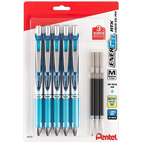 Pentel EnerGel 0.7 mm Liquid Gel Ink Pens - Pack of 5 Sky Blue Deluxe RTX  Energel Pens with 3 Refills - Imported Products from USA - iBhejo