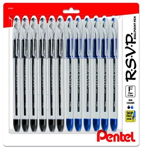 Pentel RSVP Pens Fine Point - Ballpoint - 0.7 mm - 12 Pack of 6 Black & 6 Blue Ink Pens