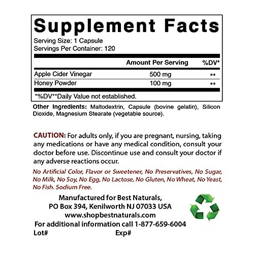 Best Naturals Apple Cider Vinegar Plus 500 Mg Capsules, 120 Count