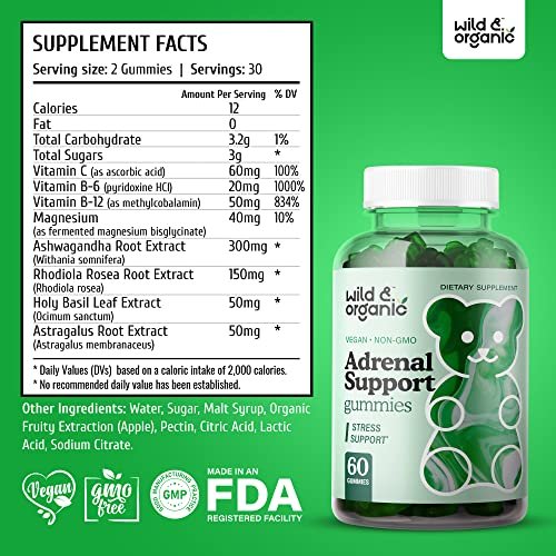 Wild & Organic Adrenal Support Supplements Gummies Energy, Stress