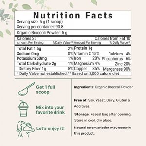 Organic Broccoli Powder, 1 Pound, Freeze Dried, Contains Natural Dim (Diindolylmethane), And Rich In Fiber And Immune Vitamin C, Green Superfood For 