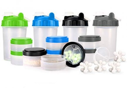 [4 Pack Random Colors] 16 Oz Workout Protein Shaker Bottle With Powerful Mixer Ball And Powder Storage Jars. 100% Bpa-Free, Non Toxic And Leak Proof 