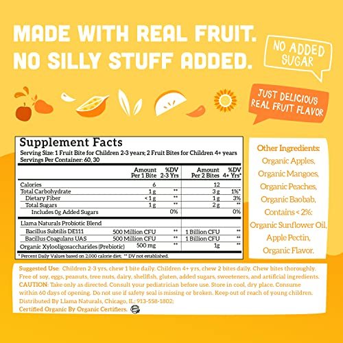 Llama Naturals Real Fruit Prebiotic & Probiotic Kids Gummies, No Added  Sugar Cane, Vegan Organic Synbiotics, Children Digestion, Toddler Tummy  Aches