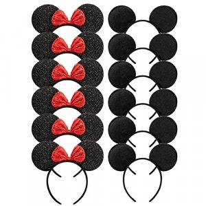 CHuangQi Mouse Ears Headband Pack of 12 for Boys and Girls Birthday Party or Celebrations, Solid Black and Red Bow