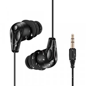 AGPTEK IPX8 Waterproof in-Ear Earphones, Coiled Cable Swimming Earbuds with Stereo Audio Extension Cable, Wired, Black