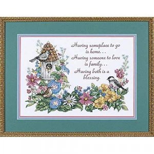 Dimensions Flowery Verse Bird Houses Stamped Cross Stitch Kit, 14'' W x 10'' H