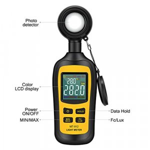 Light Meter Digital Illuminance Meter Handheld Ambient Temperature Measurer, Range up to 200,000 Lux, Luxmeter with 4 Digit Color LCD Screen