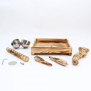 Penn-Plax Bird Perch with 2 Stainless Steel Feeding Cups and Drop Tray Wood 11 Inch Height