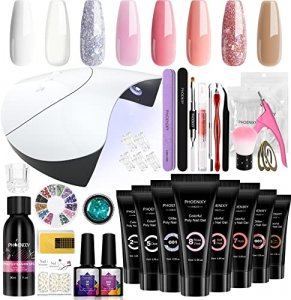 Poly Nail Gel Kit, Phoenixy 8 Colors Poly Nail Extension Gel Kit with 36W LED U V Nail Lamp Poly Extension Manicure Starter Kit Nail Art Tools Gift f