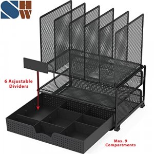 SimpleHouseware Mesh Desk Organizer with Sliding Drawer, Double Tray and 5  Upright Sections, Silver