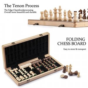 A&A 15 inch Wooden Folding Chess & Checkers Set w/ 3 inch King Height Staunton Chess Pieces - Beech Box w/ Maple & Walnut Inlay
