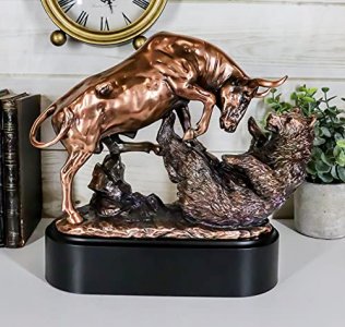 Ebros Wall Street Stock Market Charging Bull Trouncing Bear Statue with Pedestal Base Bronze Electroplated Resin Sculpture of Bull VS Bear Ideal Gift