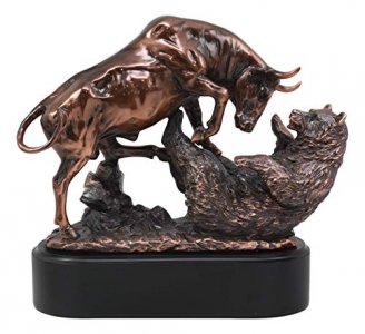Ebros Wall Street Stock Market Charging Bull Trouncing Bear Statue with Pedestal Base Bronze Electroplated Resin Sculpture of Bull VS Bear Ideal Gift