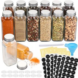 Aozita 24 Pcs Glass Spice Jars/Bottles - 4oz Empty Square Spice Containers with Spice Labels - Shaker Lids and Airtight Metal Caps - Silicone