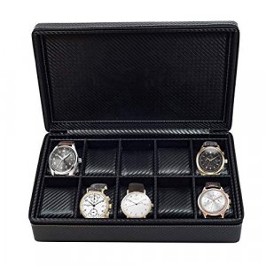 10 Watch Briefcase Black Carbon Fiber Zippered Travel Storage Case 50MM Father's Day
