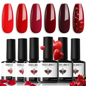 Modelones Gel Nail Polish Set- 6 Red Classic Colors Gel Popular Soak Off Glitter Red Gel Polish Kit Nail Art Manicure DIY Nail Gel Salon Home LED Gel