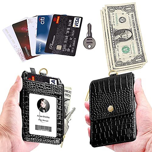 ELV Badge Holder with Zipper PU Leather ID Badge Card Holder Wallet with 5 Card Slots 1 Side RFID Blocking Pocket and 20' Neck Lanyard/Strap for Offic