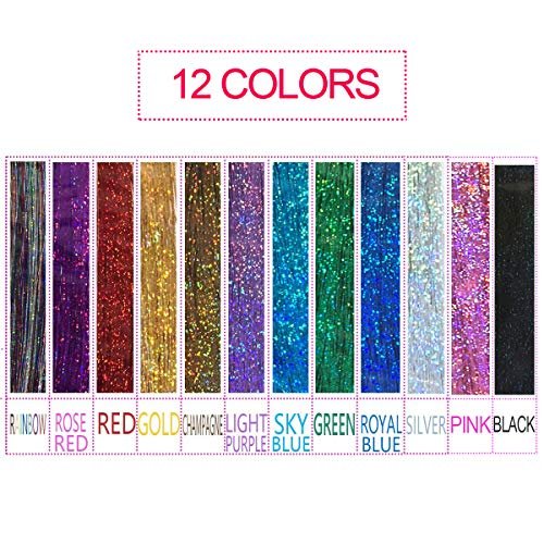 Hair Tinsel Kit Heat Resistant 44 inch Sparkling Shiny Tinsel Hair  Extensions Kit 12 Colors Glitter