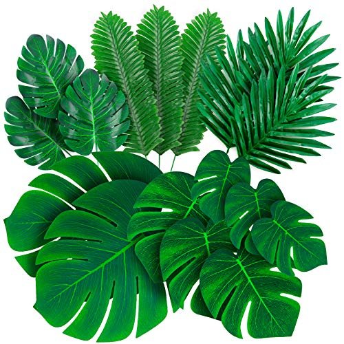 Decopom Palm Leaves Artificial Tropical Monstera-84Pcs 6 Kinds Large Small Green Fake Palm Leaf with Stems for Safari Jungle Hawaiian Luau Party