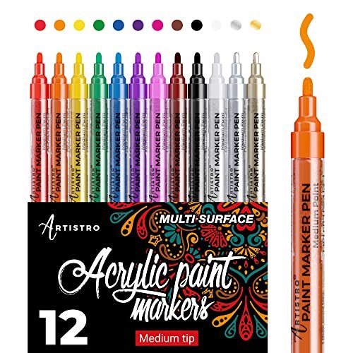 ARTISTRO 12 Acrylic Paint Pens for Fabric, Canvas, Rock, Glass, Wood - 3mm Medium Tip Paint Markers-Ideal Art Supplies for Adults and Kids