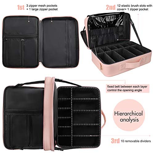 relavel Large Portable Makeup Bag with Toiletries Brushes Slots and Divider-Pink