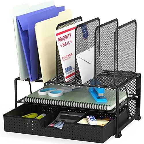 Simple Houseware Mesh Desk Organizer with Sliding Drawer, Double Tray and 5  Upright Sections, Black