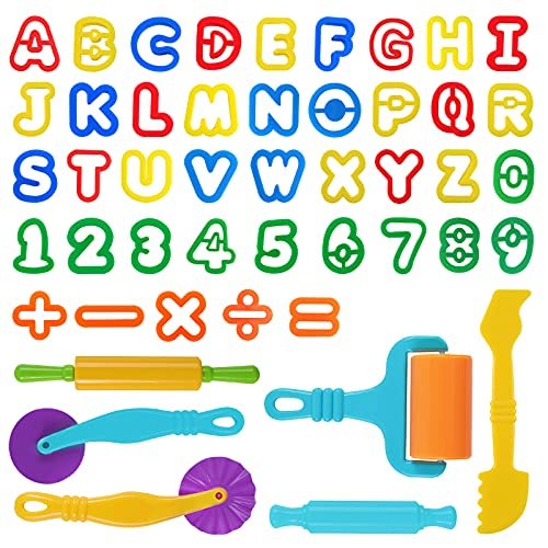 Oun Nana Dough Tools Play Dough Cutters, Various Shapes Include of Letters,  Numbers, Symbols (47 PCS)