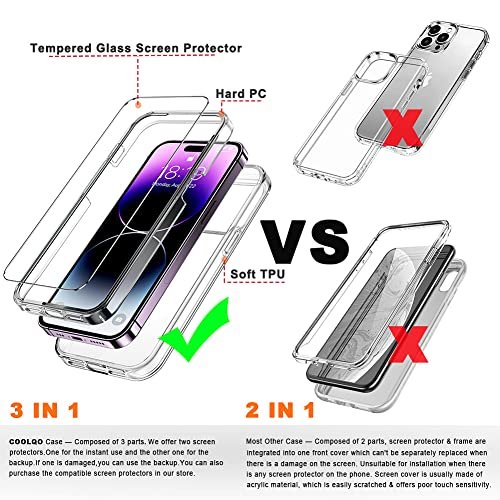 COOLQO Compatible with iPhone 11 Case, and [2 x Tempered Glass Screen  Protector] for Clear 360 Full Body Coverage Hard PC+Soft Silicone TPU 3in1