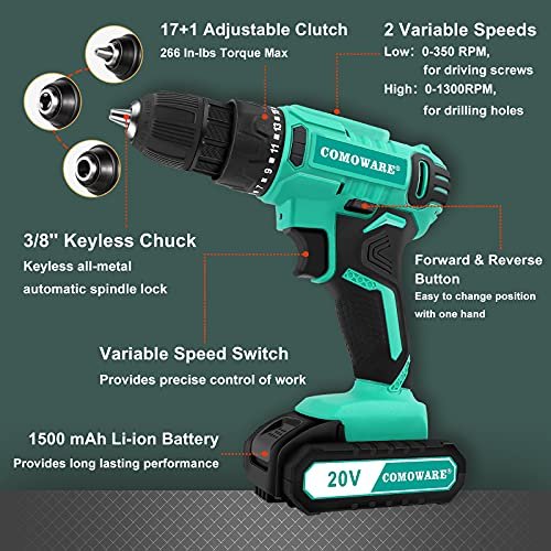 20V Cordless Drill Driver 2 Batteries and Charger 3/8 in Keyless Chuck