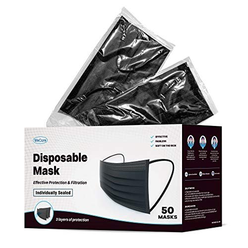 Wecare Black Face Masks Disposable - Individually Wrapped - 50