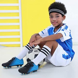 brooman Kids Firm Ground Soccer Cleats Boys Girls Athletic Outdoor Football Shoes(1,Black Blue)