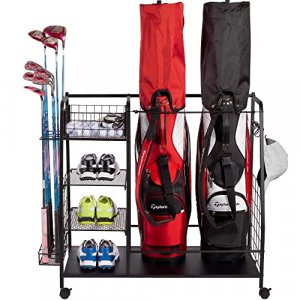 Staransun Golf Storage Rack - Golf Bag Organizer - Garage Storage for Golf Equipment with Side Golf Clubs Holder - Extra Large Golf Bag Stand for 2 G