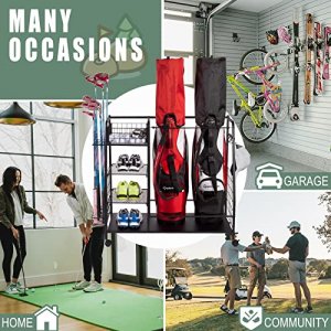 Staransun Golf Storage Rack - Golf Bag Organizer - Garage Storage for Golf Equipment with Side Golf Clubs Holder - Extra Large Golf Bag Stand for 2 G