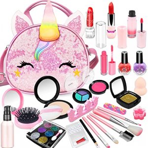 Hollyhi 25 Pcs Kids Makeup Kit for Girl, Washable Real Make Up Play Set with Unicorn Cosmetic Bag, Pretend Beauty Set Princess Dress Up Girls Toys fo