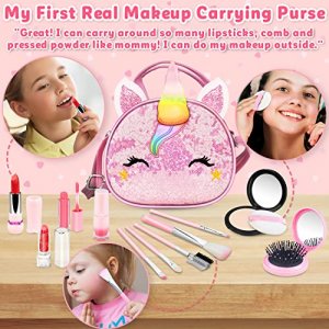 Hollyhi 25 Pcs Kids Makeup Kit for Girl, Washable Real Make Up Play Set with Unicorn Cosmetic Bag, Pretend Beauty Set Princess Dress Up Girls Toys fo