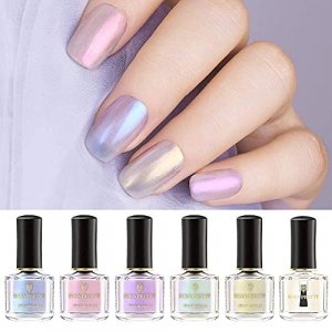 BORN PRETTY Pearl Nail Polish Set Transparent Shell Glimmer Nail Polish Shimmer Sheer Jelly Nail Polish Manicuring Nail Art Varnish 5 Colors With Bas