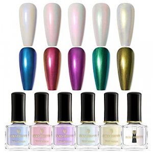 BORN PRETTY Pearl Nail Polish Set Transparent Shell Glimmer Nail Polish Shimmer Sheer Jelly Nail Polish Manicuring Nail Art Varnish 5 Colors With Bas