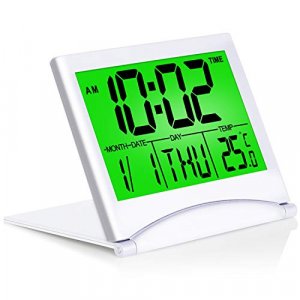 Betus Digital Travel Alarm Clock with Green Backlight - Foldable Calendar Temperature Timer LCD Clock with Snooze Mode - Large Number Display, Batter
