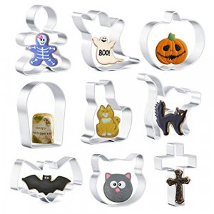 KAISHANE Mini Halloween Cookie Cutters Shapes Set of 9 - Cat, Pumpkin, Frightened Cat, Ghost, Cat Face, Bat, Tombstone, Cross and Gingerbread Man - B
