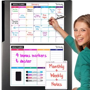STYLIO Dry Erase Calendar Whiteboard. Set of 3 Magnetic Calendars for Fridge: Monthly, Weekly Organizer & Daily Notepad. Refrigerator & Wall Family C